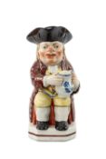 EARLY 19TH C. PEARLWARE TOBY JUG, by John Walton, brightly painted in coloured enamels, seated