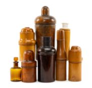 COLLECTION OF PHARMACY CASED BOTTLES TREEN, including rare 2-section case, boxwood, walnut and