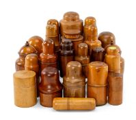ASSORTED TREEN LIDDED APOTHECARY BOTTLE & POUNCE CONTAINERS, together with two baluster jars and