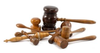 COLLECTION OF TREEN HAMMERS, including auctioneer's gavels, schoolteacher's clicket (damaged), large