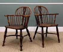 MATCHED PAIR 19TH C. ELM & YEW WINDSOR CHAIRS, ash spindled backs, pierced splats, baluster yew