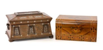 TWO 19TH C. WORK BOXES, comprising William IV mother of pearl inlaid work box, with ring handles,