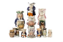 ASSORTED 19TH C. STAFFORDSHIRE & OTHER NOVELTY JUGS, including 'Snuff Taker' Toby jug, spaniel