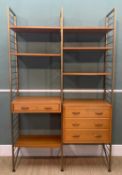 MID-CENTURY LADDERAX MODULAR TWO BAY SHELVING UNIT comprising, three gold coloured uprights,