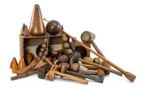 COLLECTION OF LEAD WORKING AND PLUMBING TREEN, including various turn pins/cones for expanding