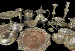 ASSORTED E.P.N.S TABLEWARES, including chafing dish, rack on stand, entree dishes, teapots, small