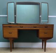 MID-CENTURY TEAK DRESSING TABLE BY BUTILUX, tilt or swivel triptych mirror, three frieze drawers