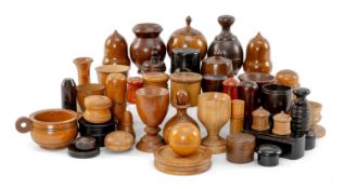 ASSORTED MIXED TREEN, including pair acorn shaped pepperettes, ebony dressing table items, spherical