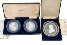 THREE WEDGWOOD LIMITED EDITION PORTRAIT MINIATURES, comprising three-colour jasper 225th anniversary