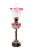 ART NOUVEAU CRANBERRY, COPPER & POTTERY OIL LAMP, 63.5cms (h) to top of shade Provenance: private