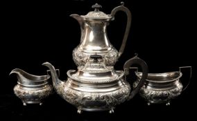 EDWARD VII SILVER TEA & COFFEE SERVICE, Thomas Edward Atkins, Birmingham 1907-8, oval foliate and