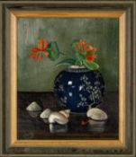 ‡ CAROLE JURY oil on canvas - entitled verso, 'Honeysuckle and Shells', signed, 30 x 25cms