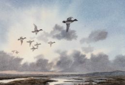 ‡ L. WILLIAMS watercolour - a flock of wigeon's in flight, signed, 12 x 17.5cms Provenance: