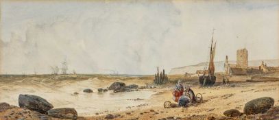 ATTRIBUTED TO ALFRED HERBERT (c. 1820-1861) watercolour - coastal scene with figures on the