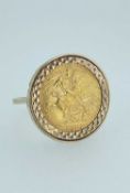 GEORGE V GOLD HALF SOVEREIGN, 1912, in 9ct gold ring mount, ring size K 1/2, 8.4gms, in heart shaped