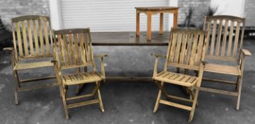 TEAK GARDEN FURNITURE comprising, large rectangular table, 72 (h) x 167 (w) x 90cms (d), small low