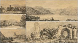J. G. WOOD etchings (set of five) - including, Tregarron, Strata Florida Abbey, Llanddewi Brevi, The