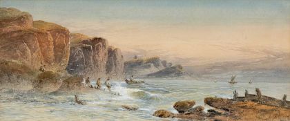 20TH C. EUROPEAN SCHOOL watercolour - a Dutch coastline with fishermen and boats, unsigned, 22 x