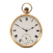 SWISS 15K GOLD KEYLESS-WIND POCKET WATCH, white enamel Roman dial with subsid. seconds dial, 3/4
