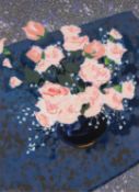 ‡ LAUREN LINDEE (American-Welsh Contemporary) oil - entitled verso, 'Roses on Blue', signed, 40 x