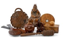 ASSORTED EAST ASIAN CARVED WOOD including Tibetan prayer wheel, Chinese geomancer's compass,