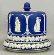 WEDGWOOD DARK BLUE & WHITE JASPERWARE CHEESE DISH & COVER, decorated with classical figures and a