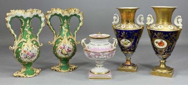ASSORTED 19TH CENTURY DECORATIVE PORCELAIN, including pair of two-handled vases, heavily gilded,