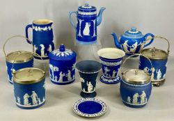 WEDGWOOD / WEDGWOOD STYLE BLUE & WHITE JASPERWARE, including four biscuit barrels with plated
