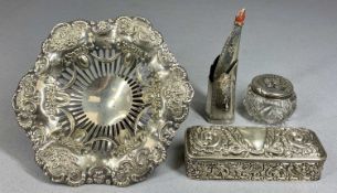 GROUP OF SMALL SILVER COLLECTABLES, Victorian rectangular trinket box with repoussé decoration,