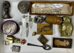 ASSORTED COLLECTABLES, including bone Stanhope, 13cms (l), two circular reproduction snuff boxes,