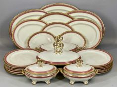 ENGLISH PORCELAIN DINNER SERVICE, cream glazed with pink and gilt banded border, large oval two
