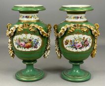 PAIR OF 19TH CENTURY CONTINENTAL PORCELAIN VASES, cream and green glazed, each with hand-painted