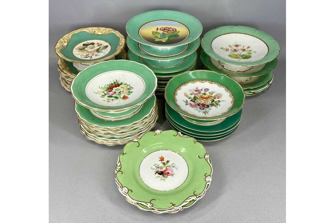 ASSORTED CREAM & GREEN GLAZED DESSERT WARE, late 19th century, all decorated with floral bouquets - Image 1 of 10