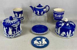 WEDGWOOD / WEDGWOOD STYLE DARK BLUE & WHITE JASPERWARE, including two circular cheese dish covers,