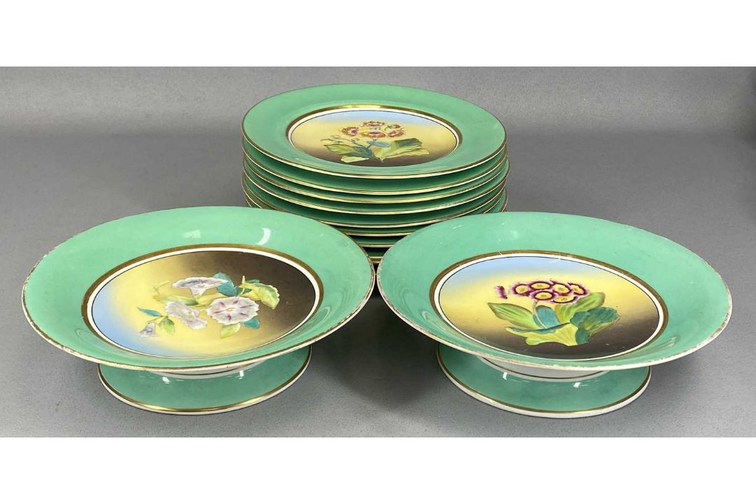 ASSORTED CREAM & GREEN GLAZED DESSERT WARE, late 19th century, all decorated with floral bouquets - Image 3 of 10