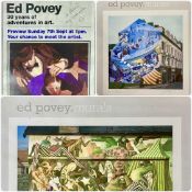 ‡ ED POVEY (b. 1951) two signed colour prints - wall murals, 46.5 x 42cms and Ed Povey exhibition