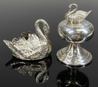 GEORGE V SILVER PATCH BOX, hinged cover with swan finial, gilded to underside, on pedestal stand,