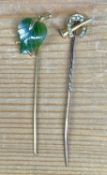 TWO VICTORIAN STICK PINS, 15ct gold horseshoe and hunting horn design set with seed pearls, and
