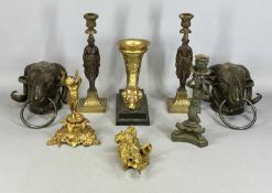 GROUP OF DECORATIVE METALWARE, including pair of cast rams head wall brackets with rings, pair of