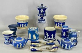 WEDGWOOD / WEDGWOOD STYLE BLUE & WHITE JASPERWARE, including lidded two-handled vase with square