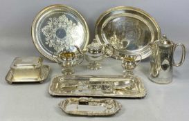 ASSORTED PLATED ITEMS, including three-piece circular tea set, candle snuffers on stand, circular