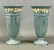 PAIR OF WEDGWOOD EMBOSSED QUEEN'S WARE VASES, of tapering circular form, circular bases, 28cms (h)