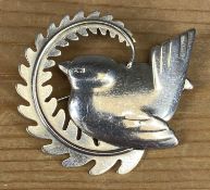 GEORG JENSEN STERLING SILVER FERN & BIRD BROOCH, no. 309, designed by Arno Malinowski, stamped