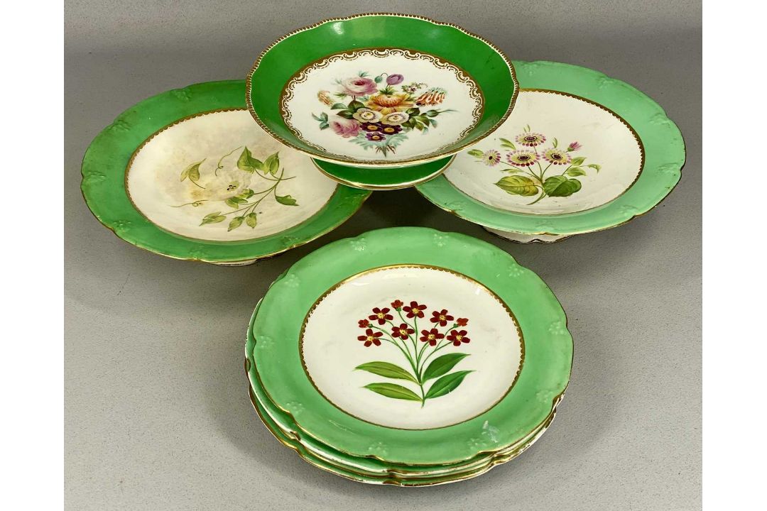 ASSORTED CREAM & GREEN GLAZED DESSERT WARE, late 19th century, all decorated with floral bouquets - Image 10 of 10