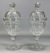 PAIR OF FINE QUALITY ANGLO-IRISH CUT-GLASS URNS & COVERS, early 19th century, faceted finials, thumb