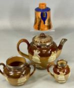 DOULTON LAMBETH TEAPOT, applied relief decoration, silver rim and spout, a similar two-handle