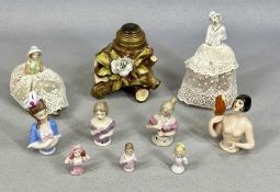 COLLECTION OF NINE GERMAN PORCELAIN HALF DOLL ORNAMENTS, along with a continental porcelain inkwell,