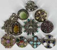 COLLECTION OF BROOCHES, including Mexican 1960's silver and turquoise brooch, Miracle brooches, etc.