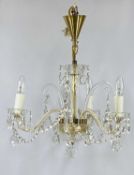 GOOD QUALITY GILT BRASS & GLASS THREE-BRANCH CHANDELIER, with scroll arms, cut-glass drops and
