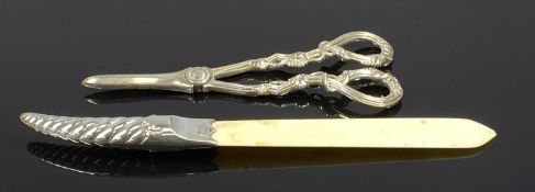 CAST SILVER GRAPE SCISSORS, hallmark obscure, 4ozt, and Edward VII gadrooned silver handled page